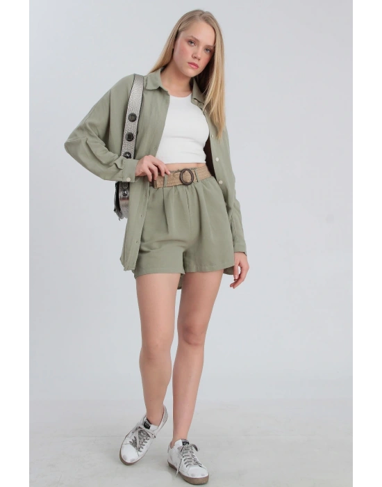 Hasır Kemerli Haki Şort