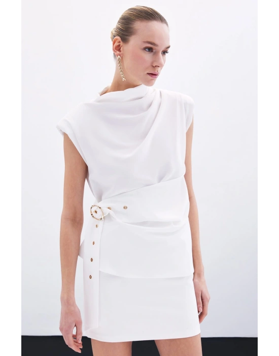 Kemerli Kolsuz Bluz - Ekru