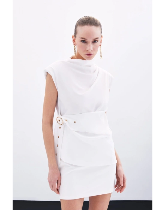 Kemerli Kolsuz Bluz - Ekru