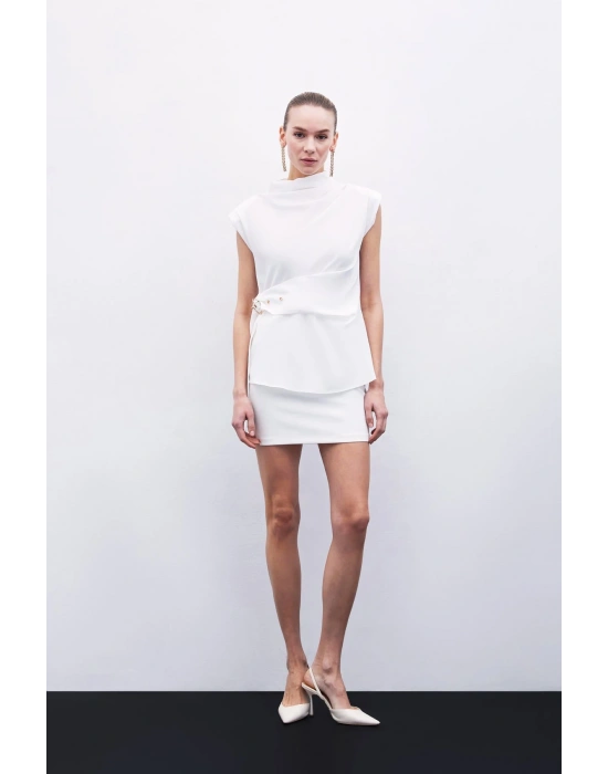 Kemerli Kolsuz Bluz - Ekru