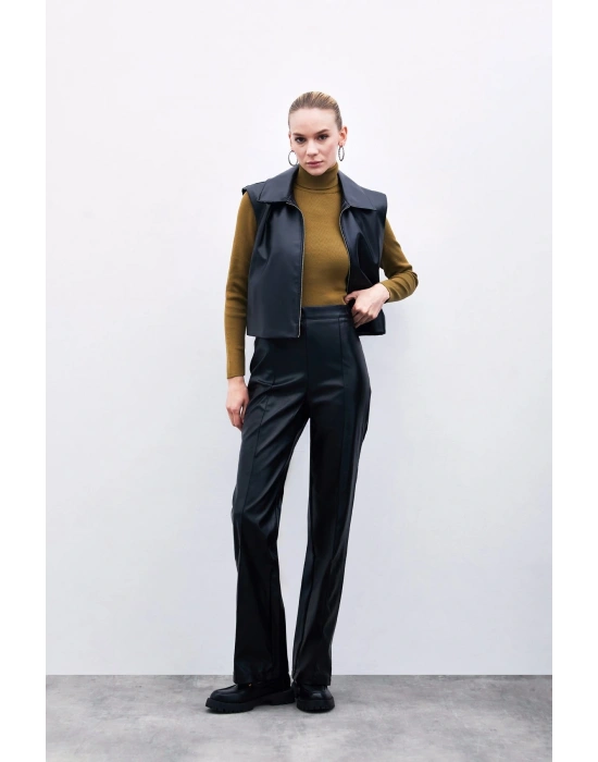 Yüksek Bel Deri Pantolon - Siyah