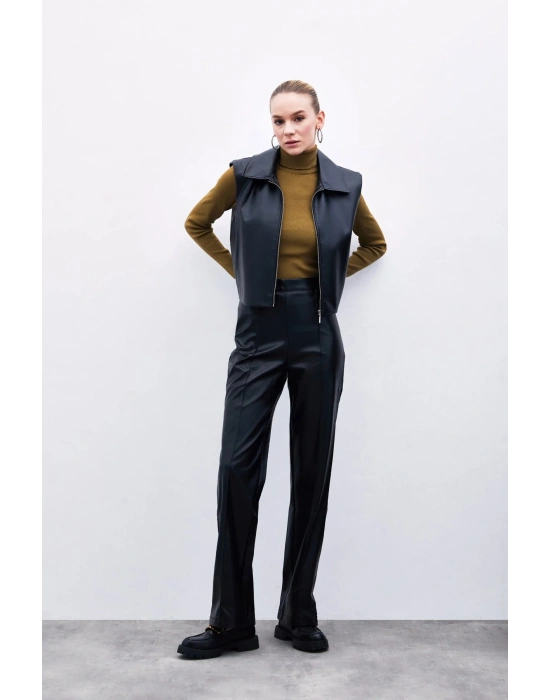 Yüksek Bel Deri Pantolon - Siyah