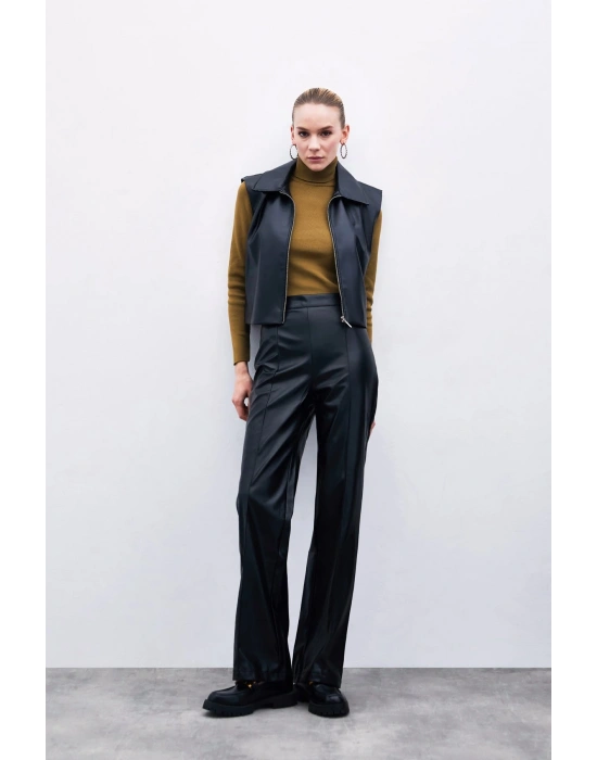 Yüksek Bel Deri Pantolon - Siyah