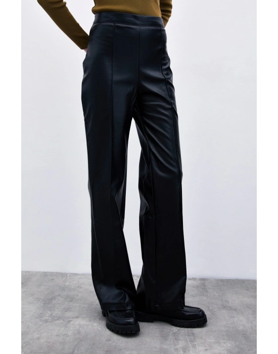 Yüksek Bel Deri Pantolon - Siyah