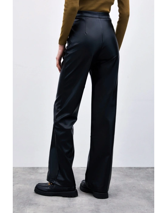 Yüksek Bel Deri Pantolon - Siyah