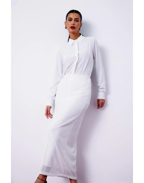 Pul Payetli Midi Etek - EKRU