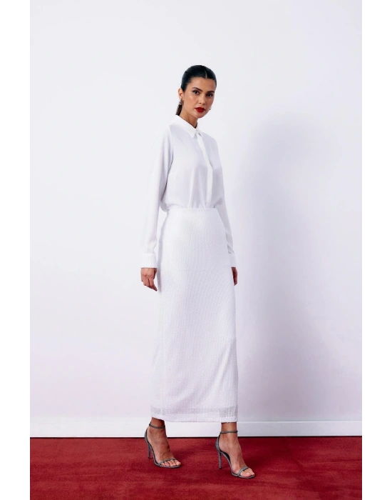 Pul Payetli Midi Etek - EKRU