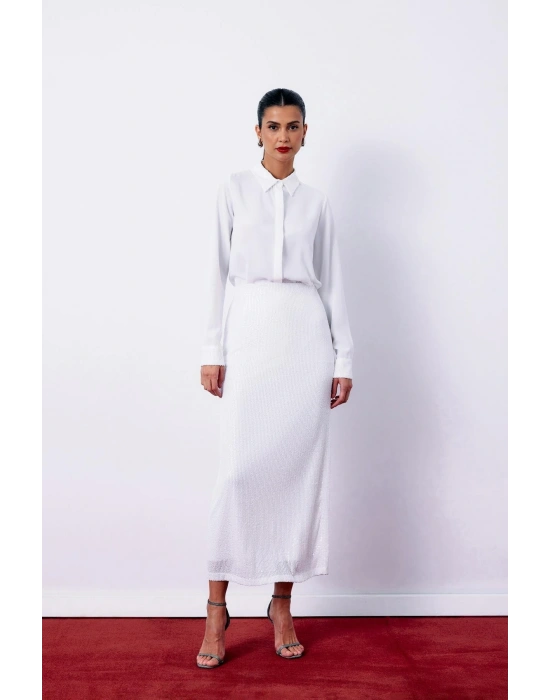 Pul Payetli Midi Etek - EKRU