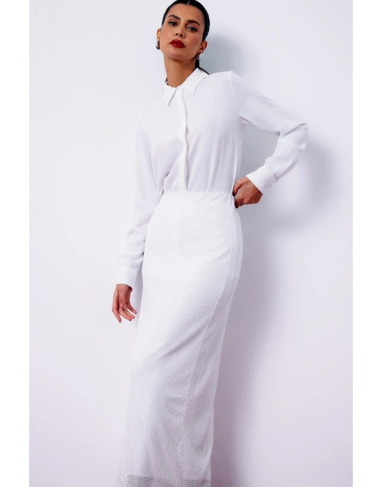 Pul Payetli Midi Etek - EKRU