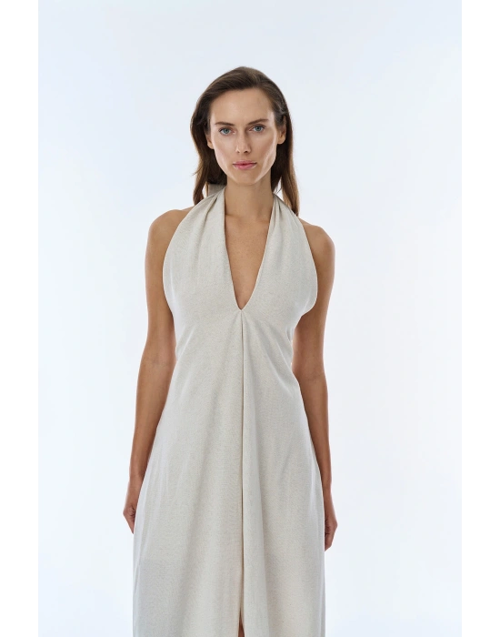 Boyundan Bağlamalı Yırtmaçlı Keten Elbise Naturel