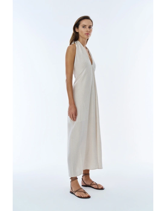 Boyundan Bağlamalı Yırtmaçlı Keten Elbise Naturel