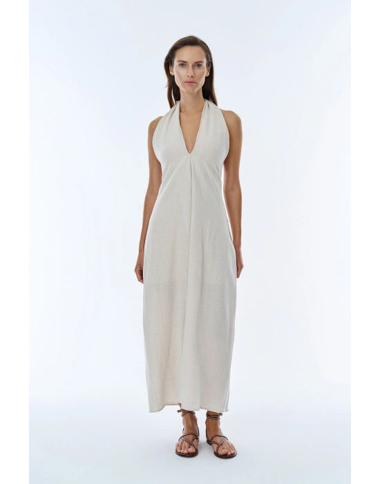 Boyundan Bağlamalı Yırtmaçlı Keten Elbise Naturel