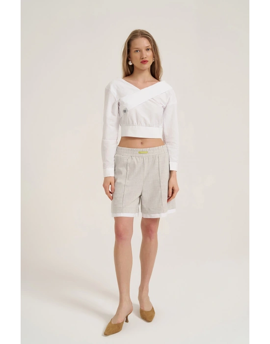 V Yaka Detaylı Uzun Kol Bluz Beyaz