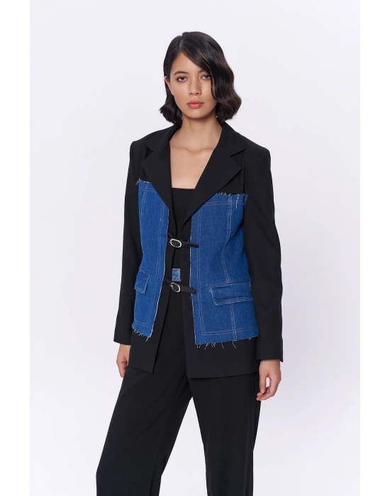 Kemer Aksesuarlı Denim Match Blazer Ceket Siyah
