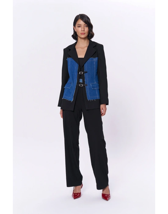Kemer Aksesuarlı Denim Match Blazer Ceket Siyah