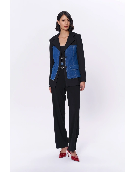 Kemer Aksesuarlı Denim Match Blazer Ceket Siyah
