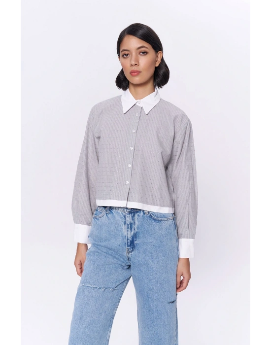 Parlak Taşlı Düğmeli Gömlek Gri