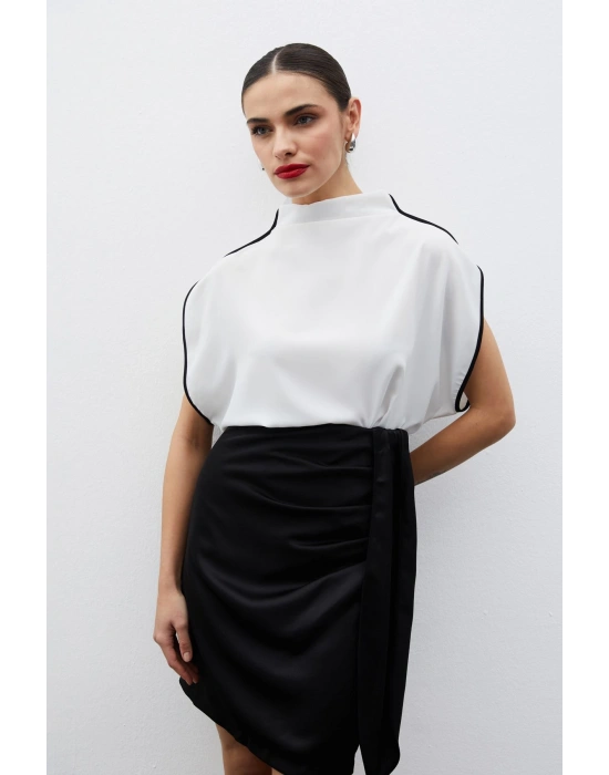 Boğazlı Kontrast Bluz - Ekru