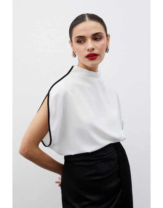 Boğazlı Kontrast Bluz - Ekru