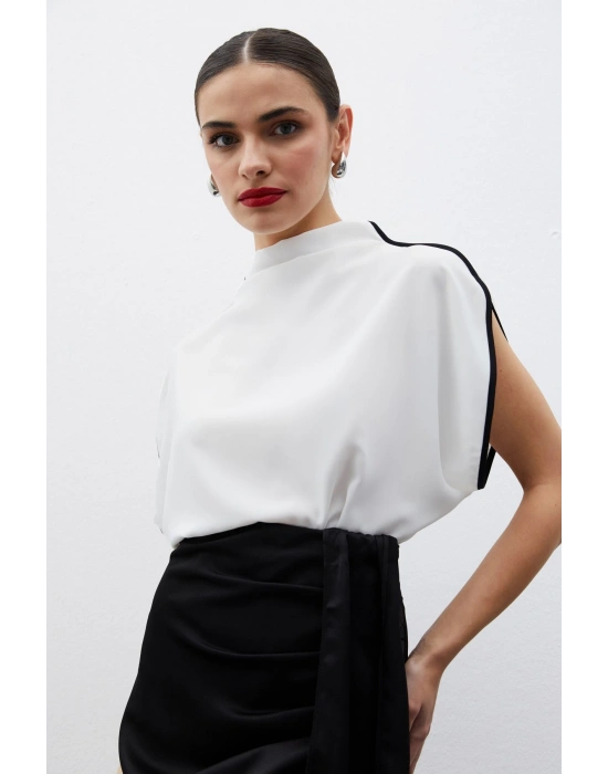 Boğazlı Kontrast Bluz - Ekru