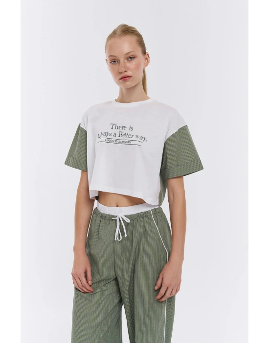 Match Detaylı Çizgili Crop Tişört Beyaz