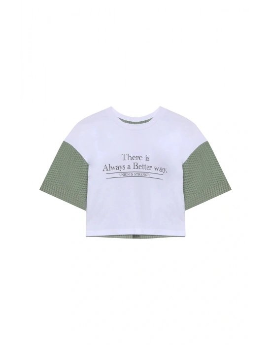 Match Detaylı Çizgili Crop Tişört Beyaz