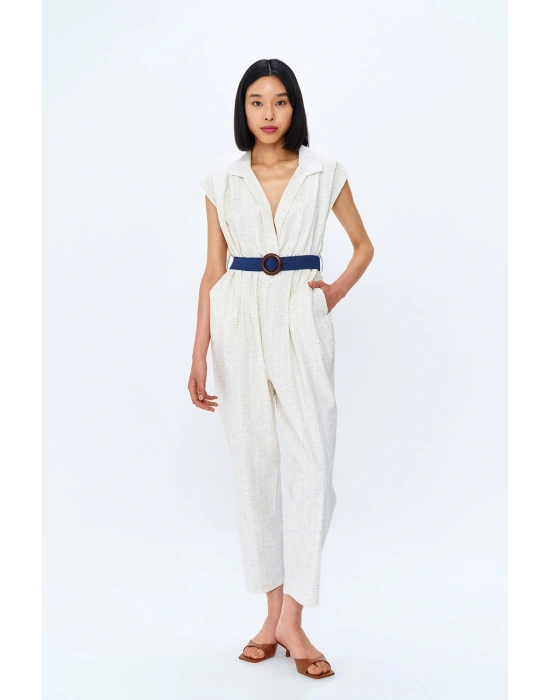 Kemer Aksesuarlı V Yaka Tulum Naturel