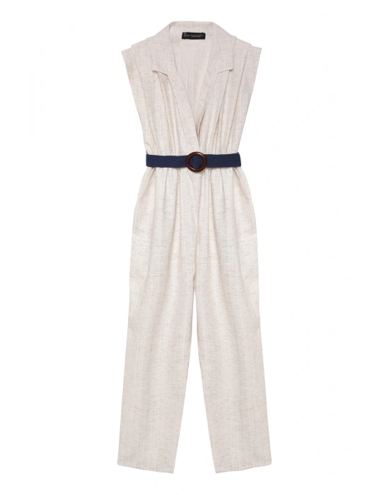 Kemer Aksesuarlı V Yaka Tulum Naturel