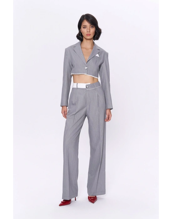 Match Pensli Geniş Paça Pantolon Gri