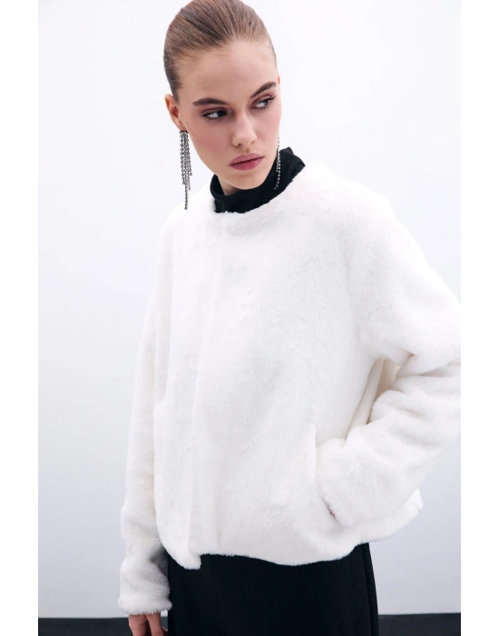 Yakasız Peluş Ceket - Ekru