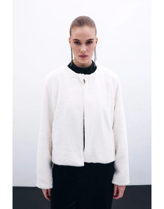 Yakasız Peluş Ceket - Ekru