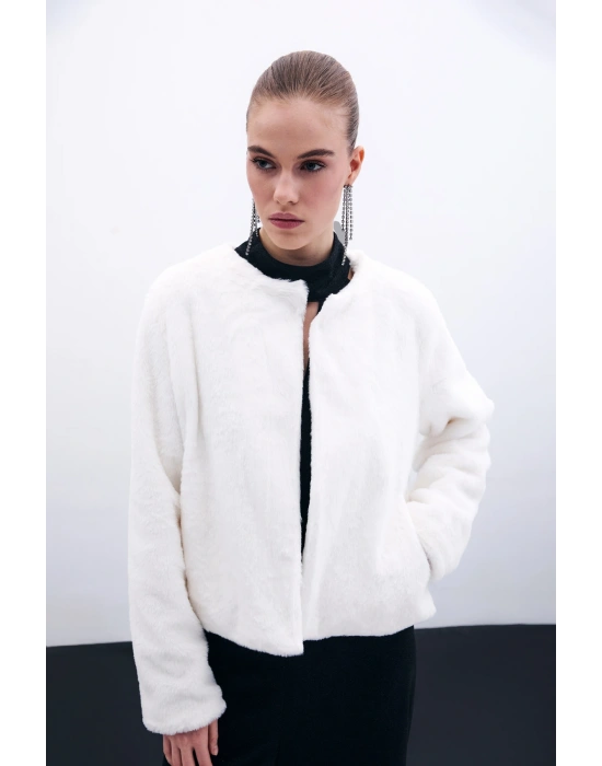 Yakasız Peluş Ceket - Ekru
