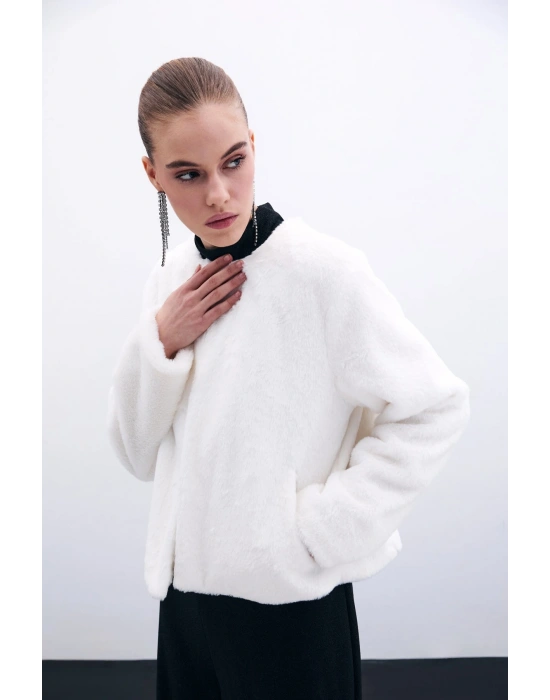 Yakasız Peluş Ceket - Ekru