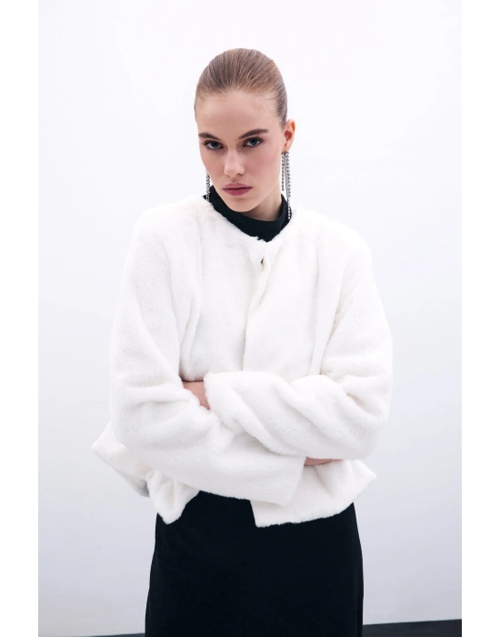 Yakasız Peluş Ceket - Ekru