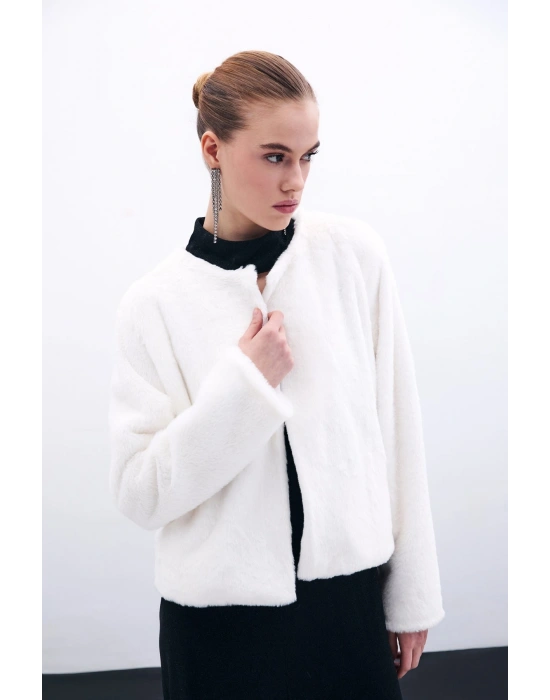 Yakasız Peluş Ceket - Ekru