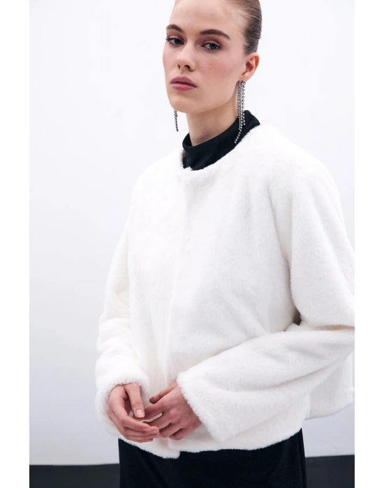 Yakasız Peluş Ceket - Ekru