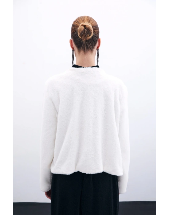 Yakasız Peluş Ceket - Ekru