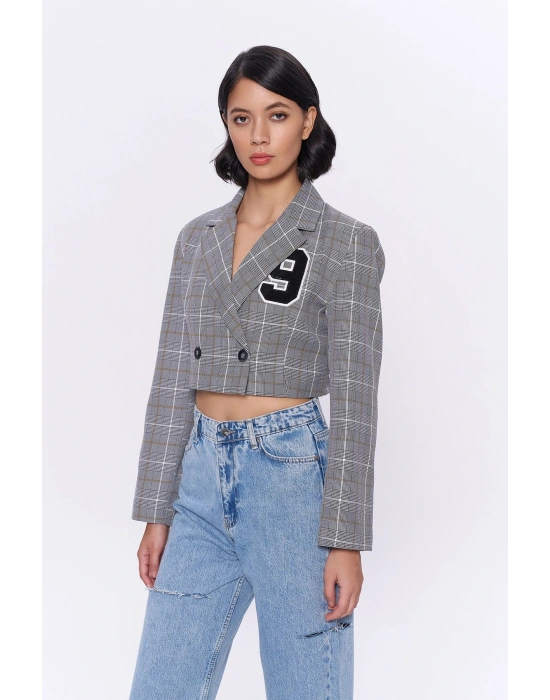 Kareli Çift Düğmeli Crop Blazer Ceket Gri