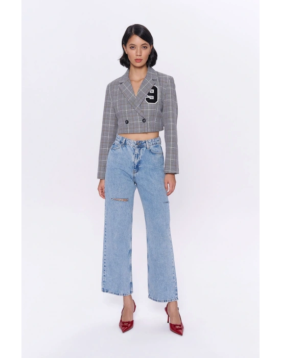 Kareli Çift Düğmeli Crop Blazer Ceket Gri