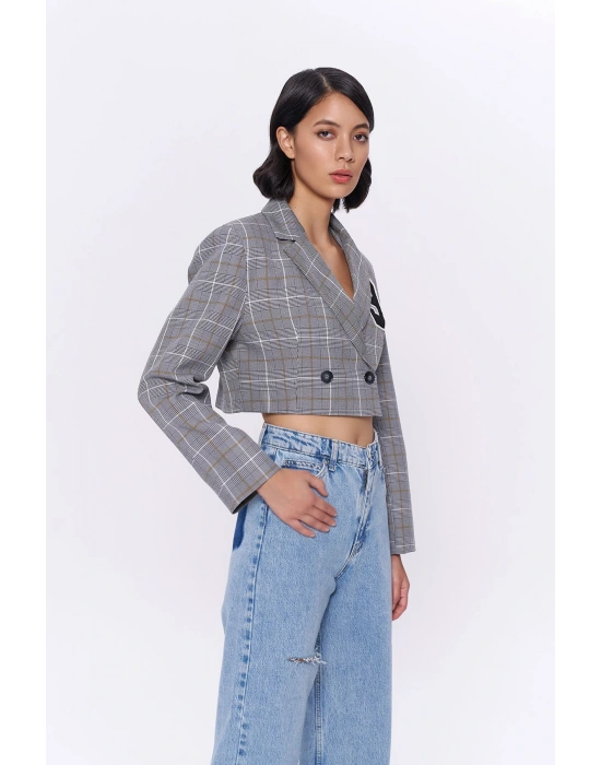 Kareli Çift Düğmeli Crop Blazer Ceket Gri
