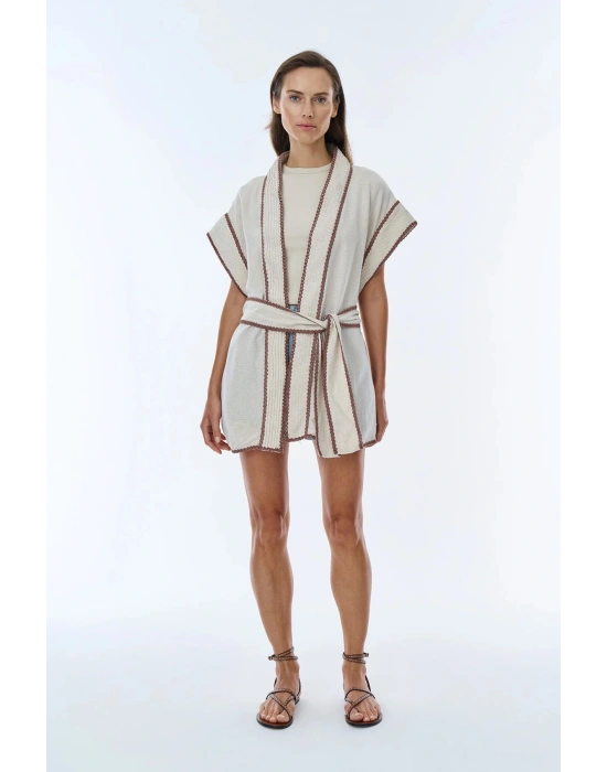İşleme Detaylı Bağlamalı Keten Kimono Naturel