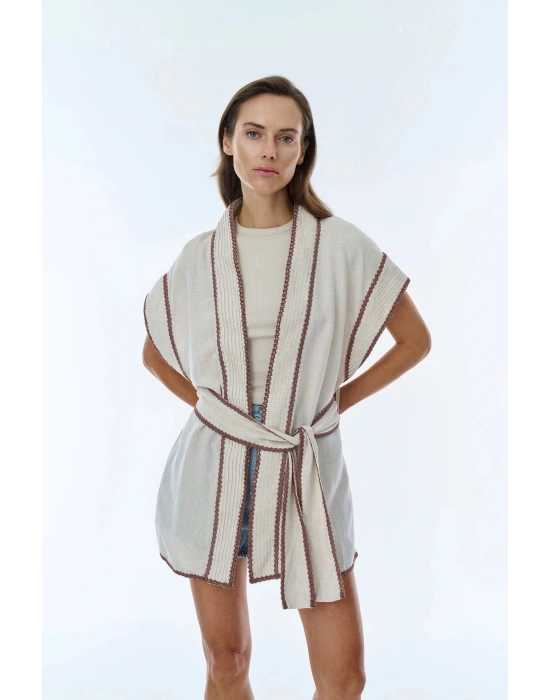 İşleme Detaylı Bağlamalı Keten Kimono Naturel