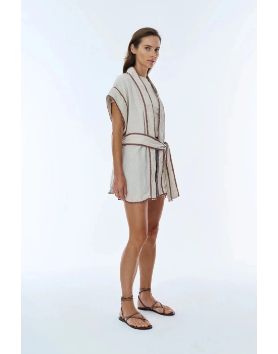 İşleme Detaylı Bağlamalı Keten Kimono Naturel