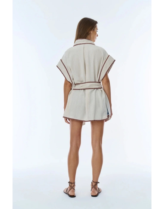 İşleme Detaylı Bağlamalı Keten Kimono Naturel