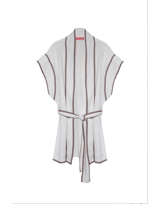 İşleme Detaylı Bağlamalı Keten Kimono Naturel