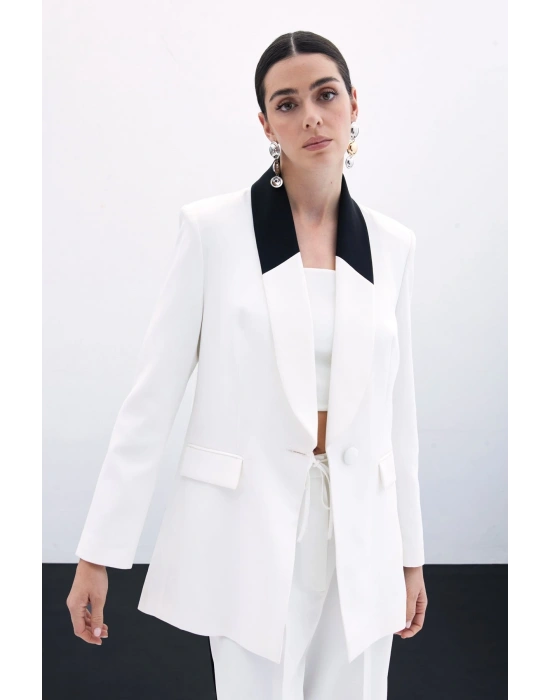 Kontrast Uzun Ceket - Ekru