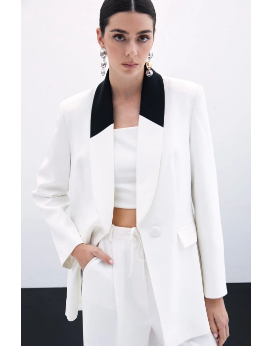 Kontrast Uzun Ceket - Ekru