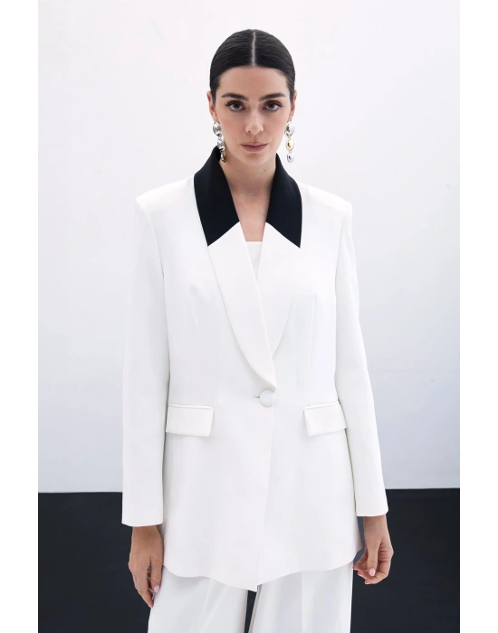 Kontrast Uzun Ceket - Ekru