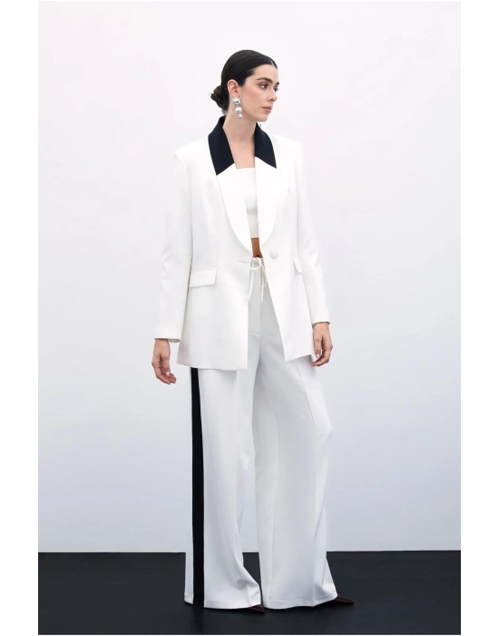 Kontrast Uzun Ceket - Ekru