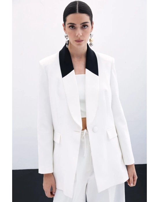 Kontrast Uzun Ceket - Ekru